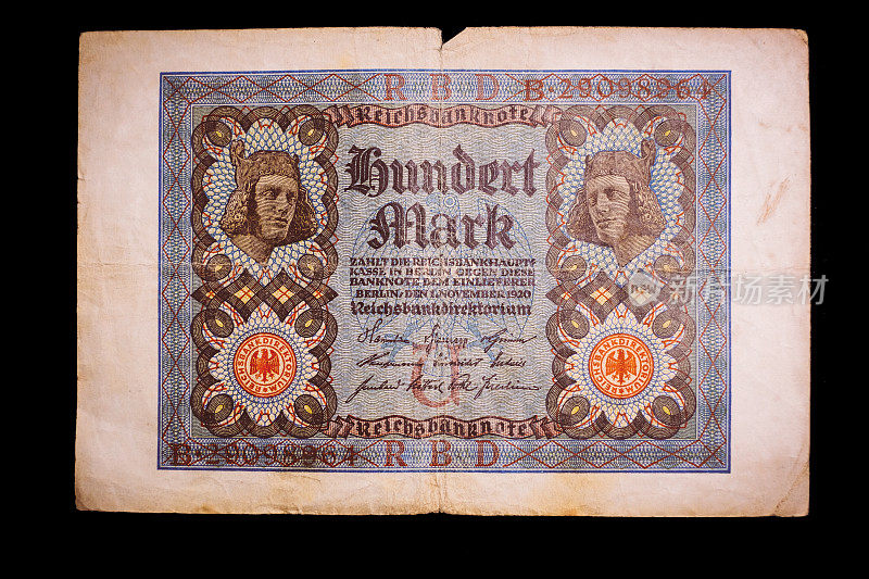 德国马克，正面100马克纸币- 1920 - 1929年的德国纸币